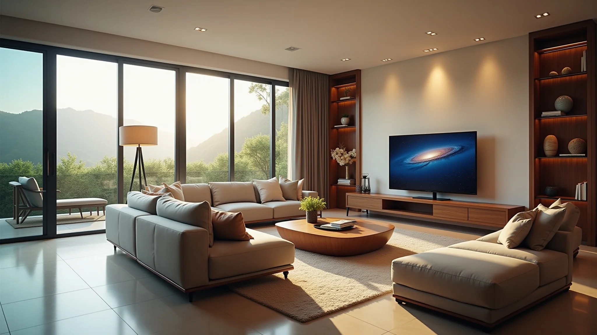 Sala de estar espaçosa com TV 8K grande e sofá confortável na distância ideal.