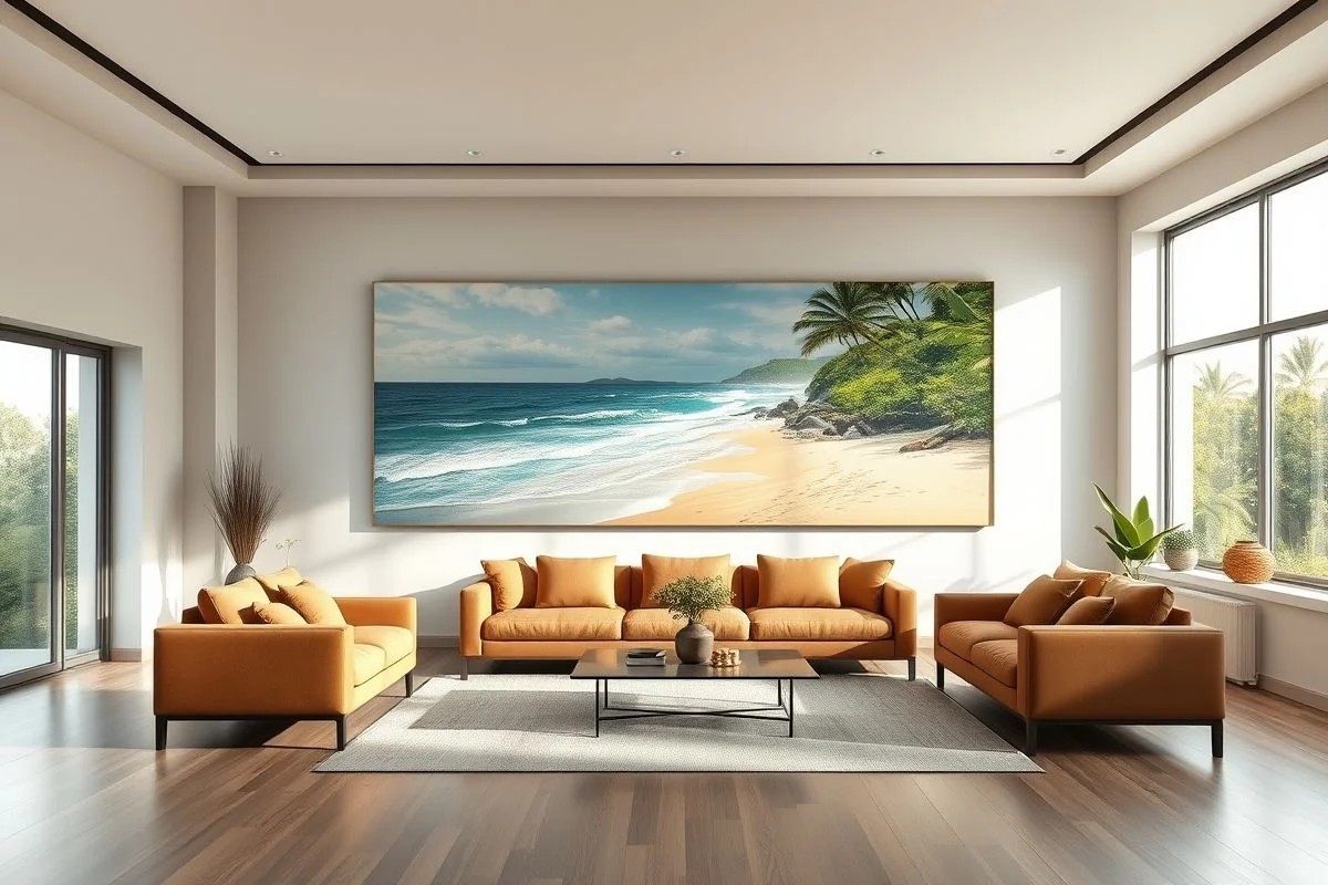 Sala minimalista com quadro grande de paisagem de praia brasileira.