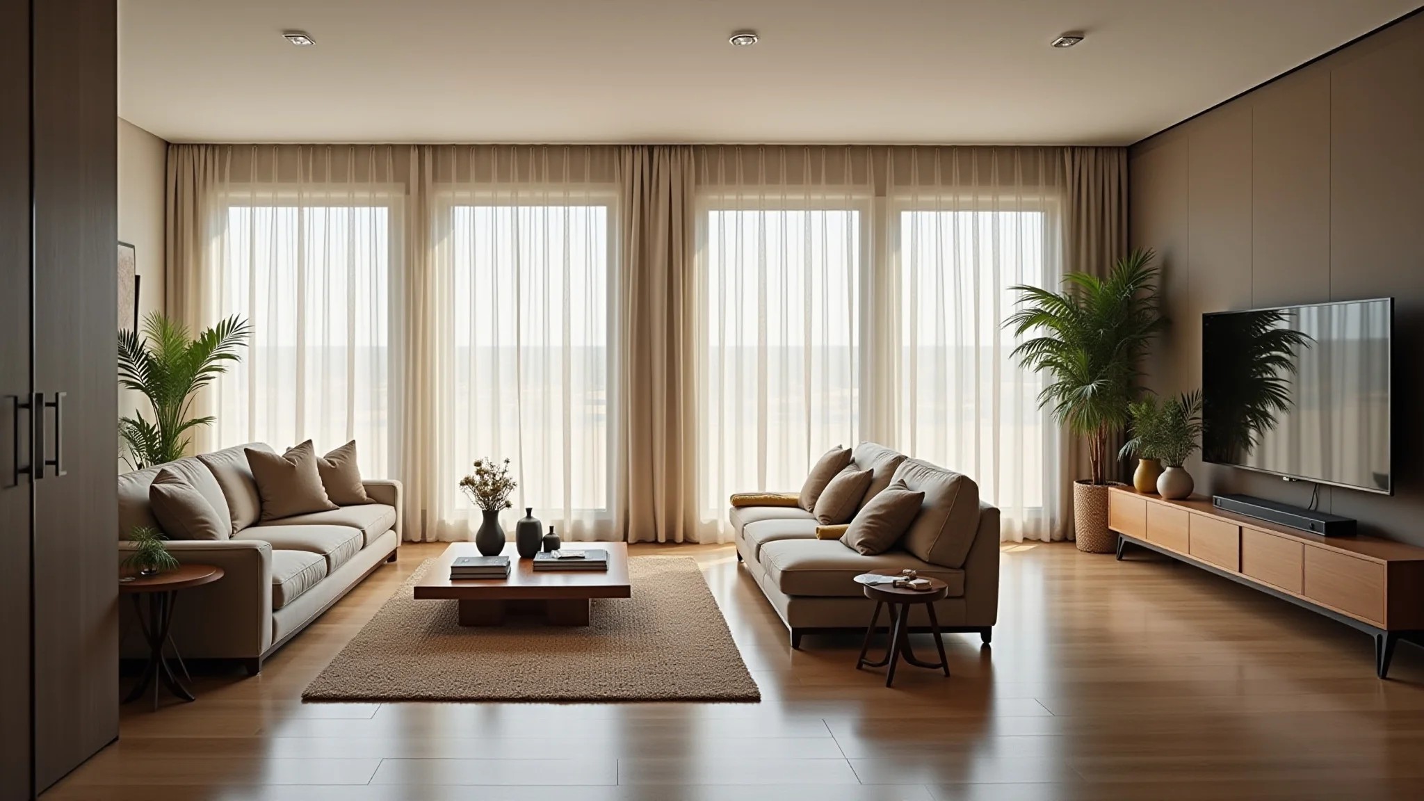 Sala ampla com cortinas painel dividindo o espaço e design brasileiro contemporâneo.