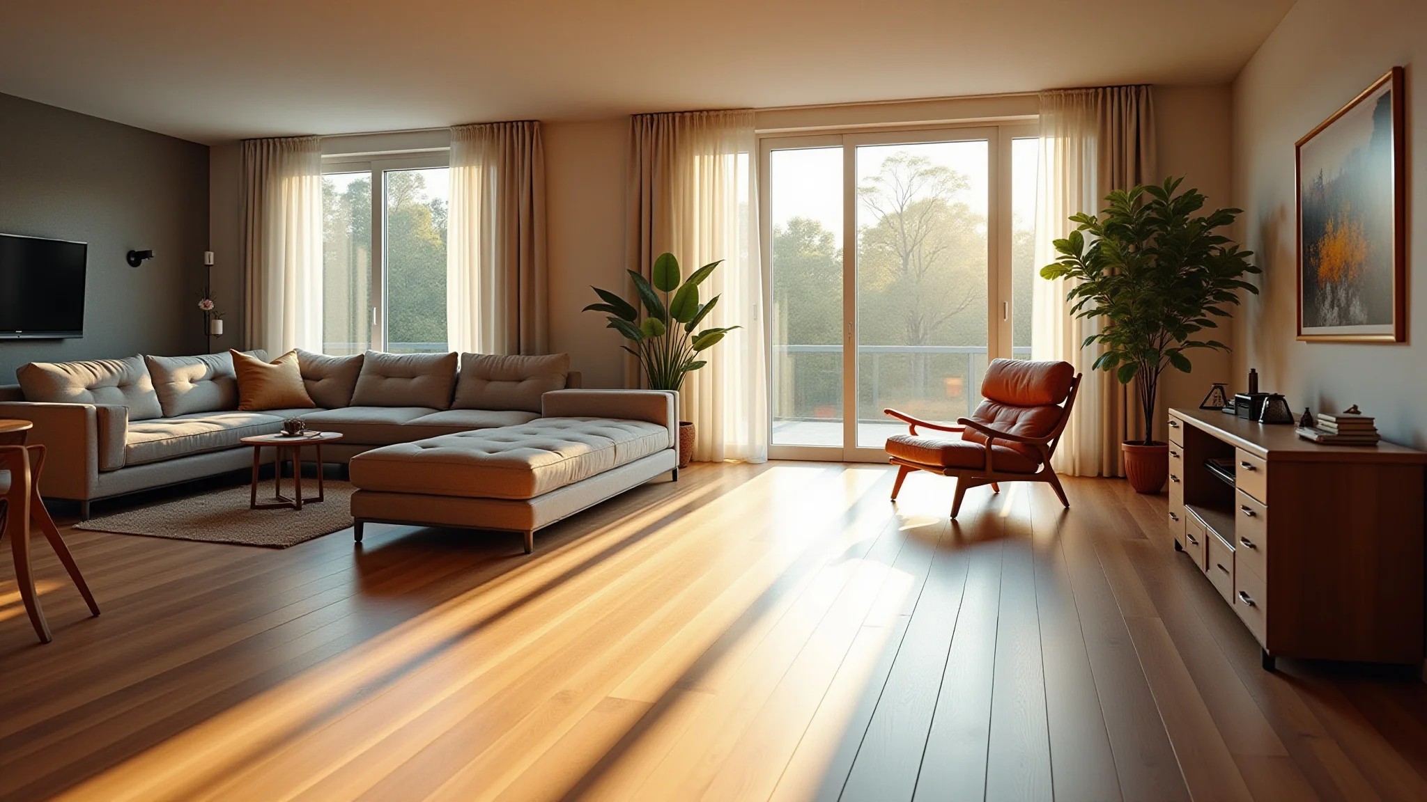 Sala ampla com piso laminado, móveis modernos e iluminação suave.
