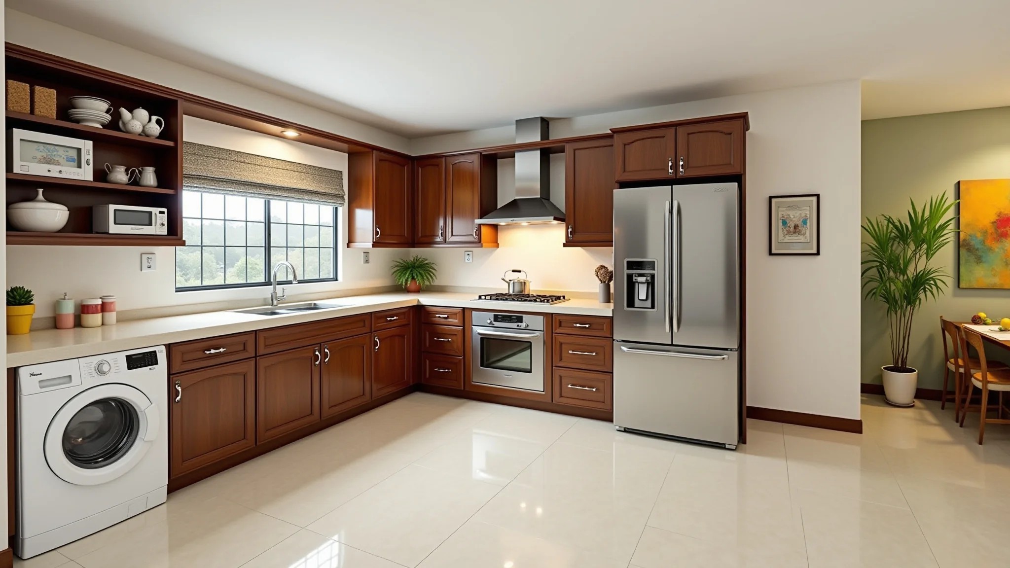 Cozinha espaçosa em U integrada à lavanderia, com amplo armazenamento e decoração brasileira vibrante.