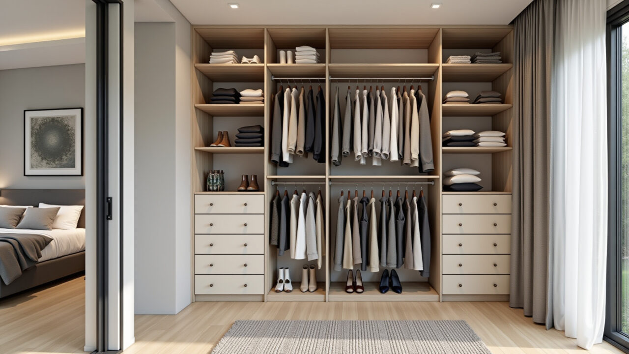Closet espaçoso e organizado em quarto de casal.