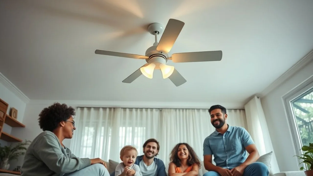 Ventilador de teto limpo em sala de estar, ar puro e ambiente agradável.