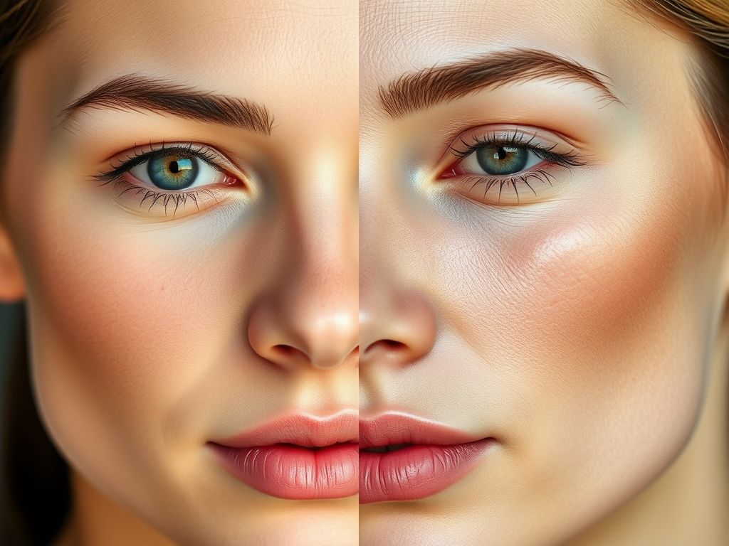 Imagem dividida mostrando uma pele oleosa com base matte e uma pele seca com base luminosa.