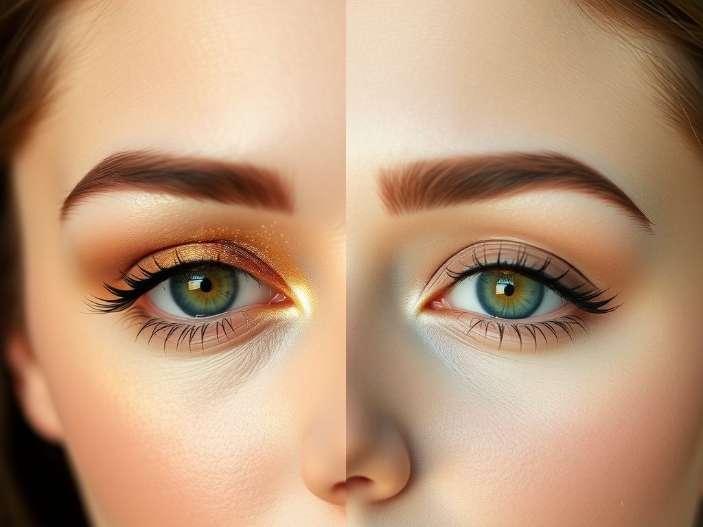 Comparação de maquiagem com sombra dourada e bronze versus sombra neutra em olhos verdes.