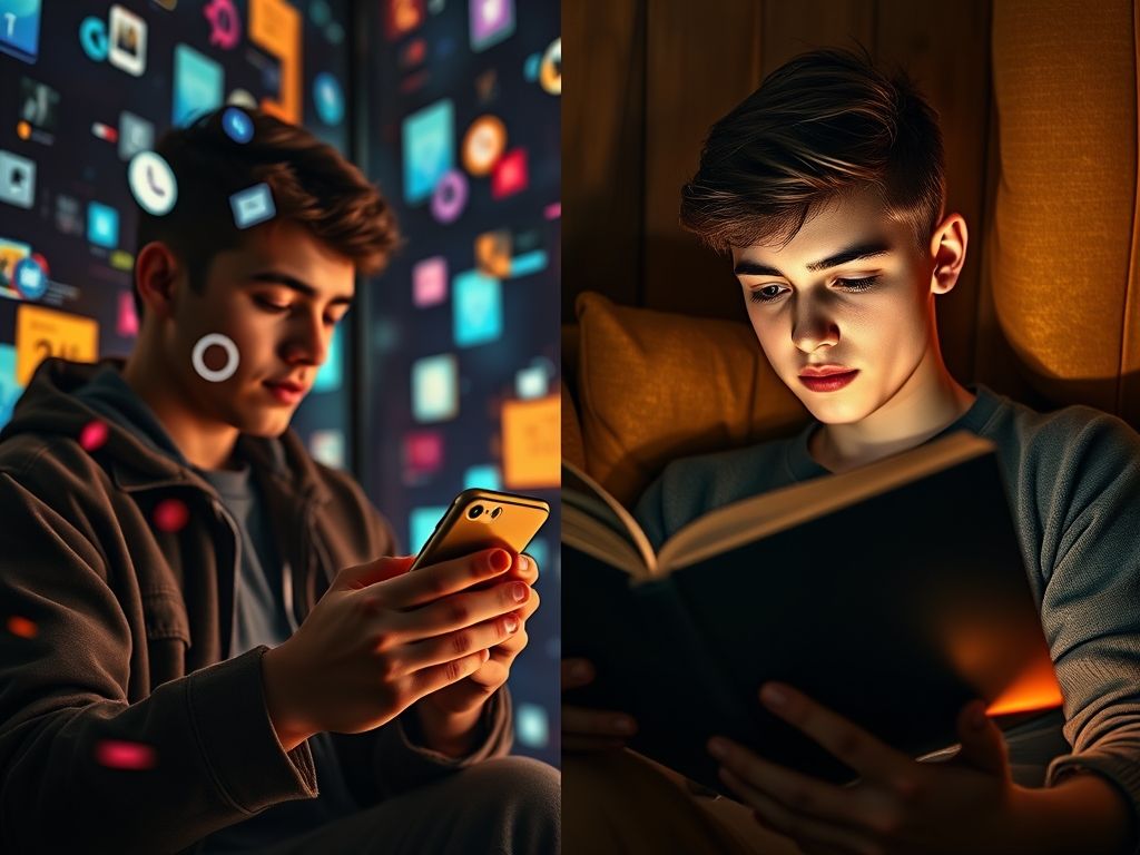 Comparação entre o tempo gasto rolando as redes sociais e o tempo dedicado à leitura de um livro.