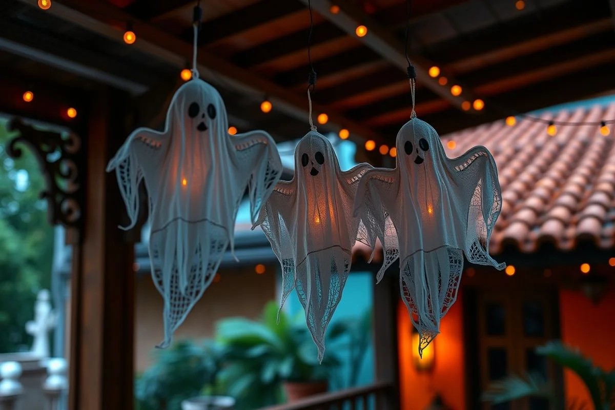 Fantasmas artesanais decorando varanda brasileira para o Halloween
