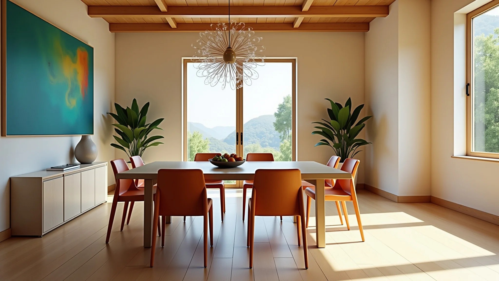 Mesa de jantar quadrada em sala de jantar moderna e vibrante, com luz natural.