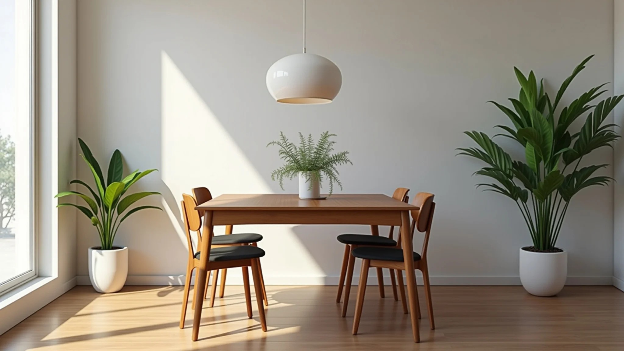 Mesa de jantar quadrada de madeira com quatro cadeiras em sala decorada com plantas.
