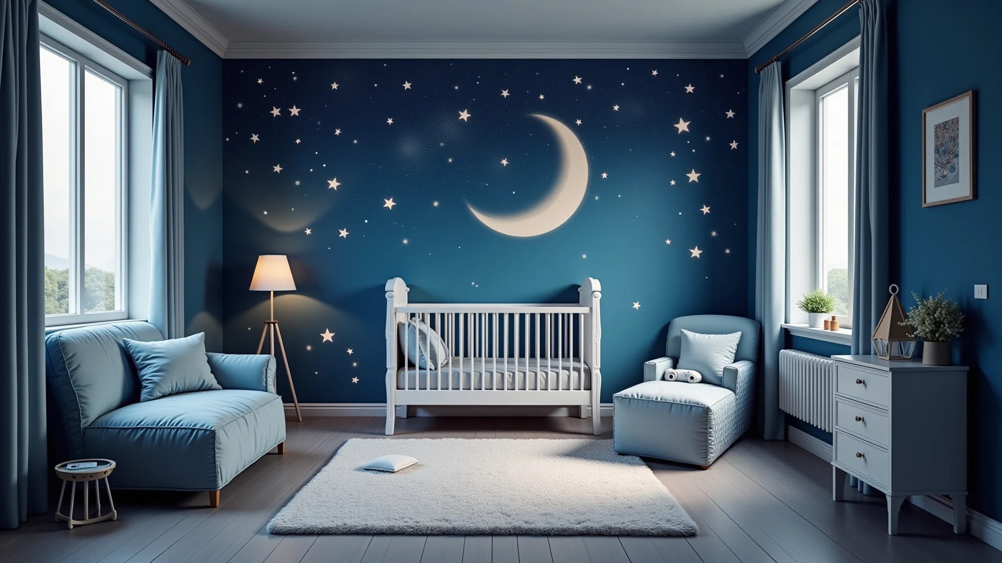 Quarto de bebê com tema de estrelas, cores azul escuro e prata, céu estrelado.