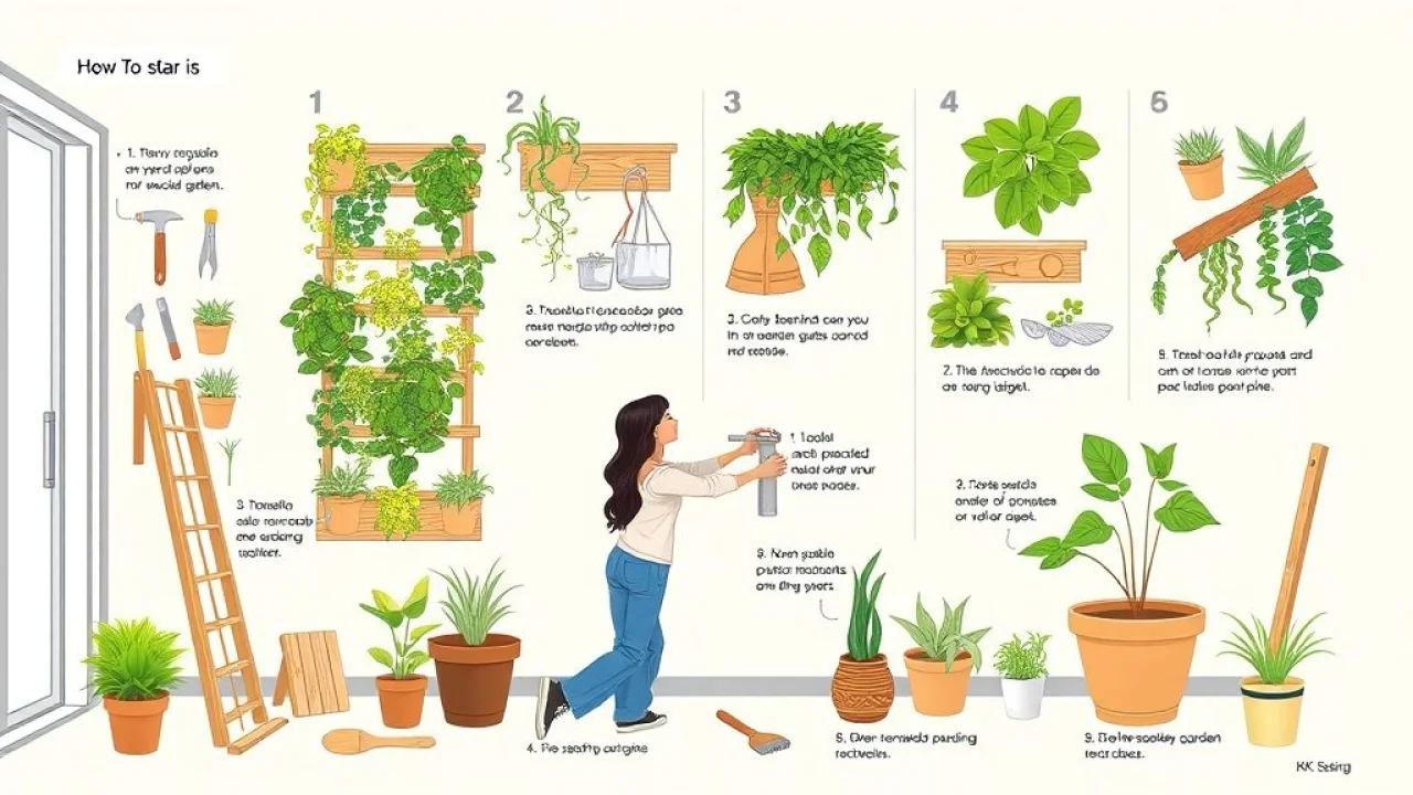 Ilustração passo a passo da montagem de um jardim vertical em apartamento.