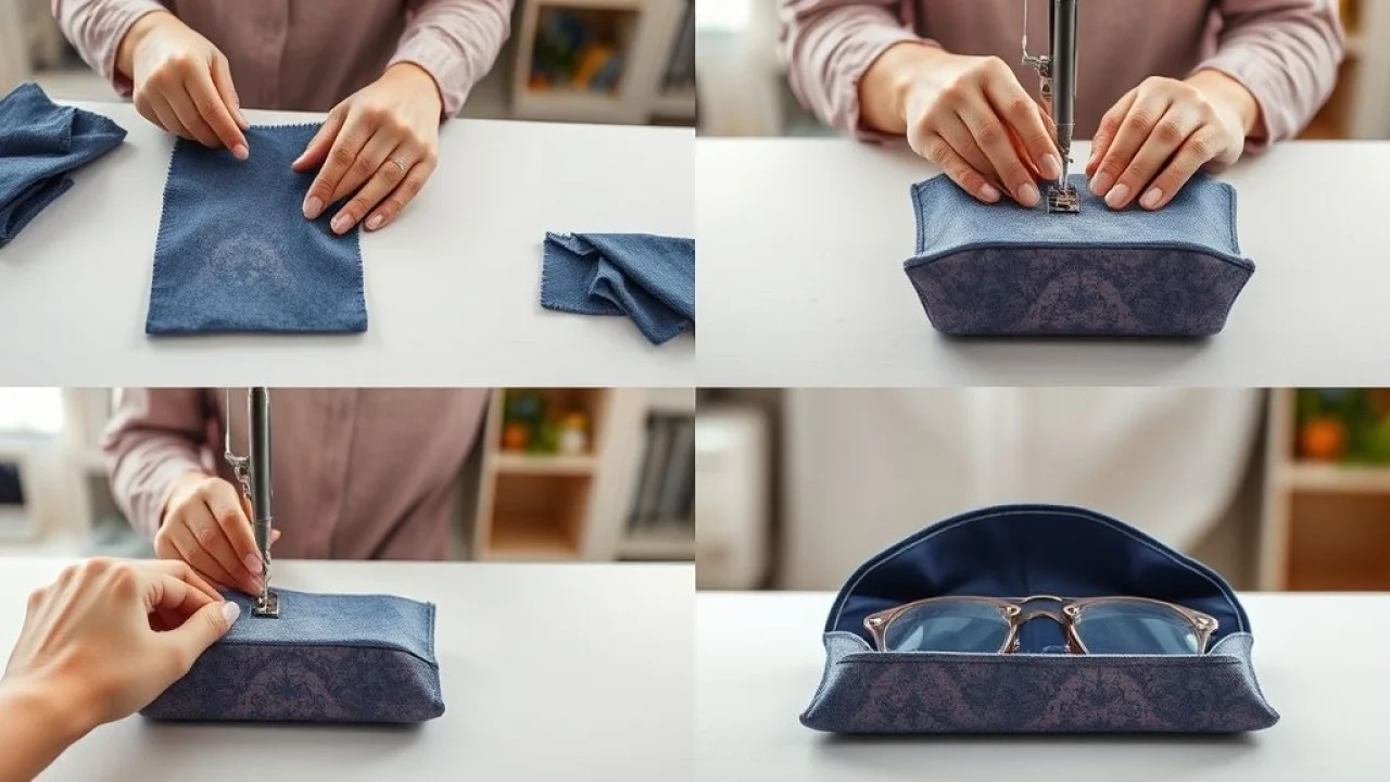 Passo a passo: mãos costurando tecido, desvirando e passando para criar um porta-óculos, tutorial de costura.