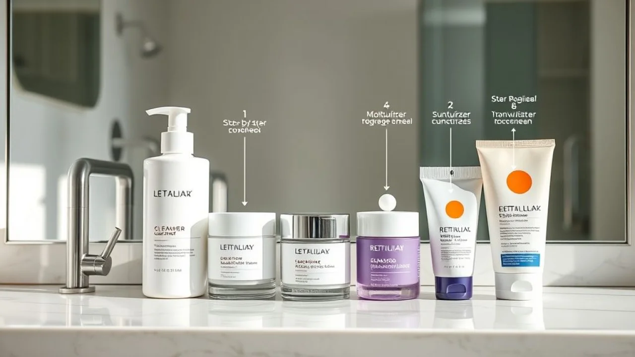 Rotina skincare: sabonete, retinol, hidratante e protetor solar.