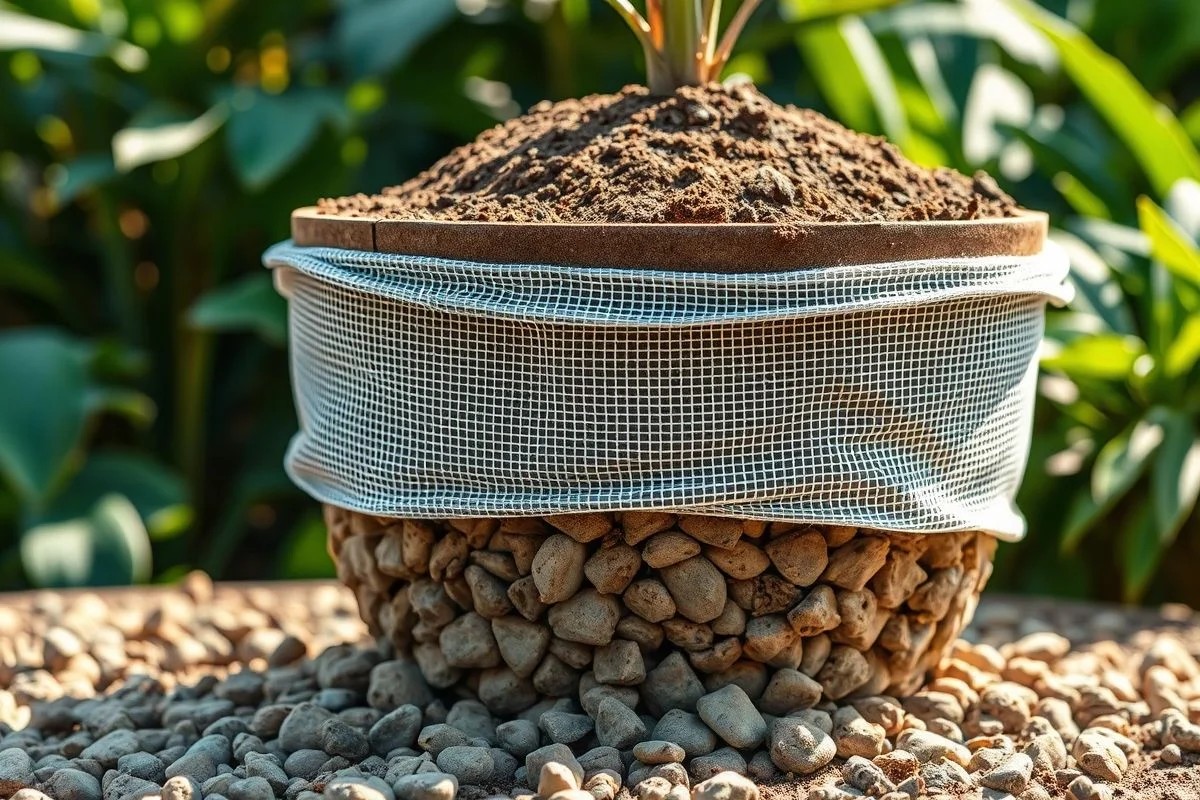 Preparando vaso para horta: drenagem, manta geotêxtil e substrato rico.