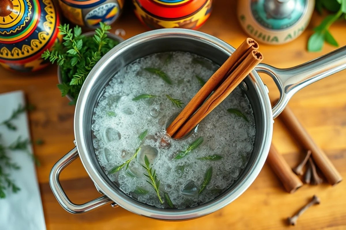 Preparo do chá de orégano, canela e cravo, mostrando os ingredientes na panela.
