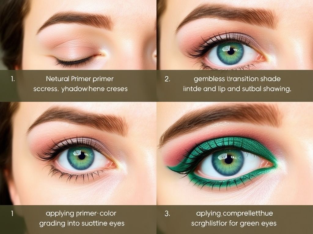 Guia passo a passo de como aplicar sombra para olhos verdes, mostrando a preparação da pele, aplicação da sombra de transição, aplicação da sombra principal e o esfumado.
