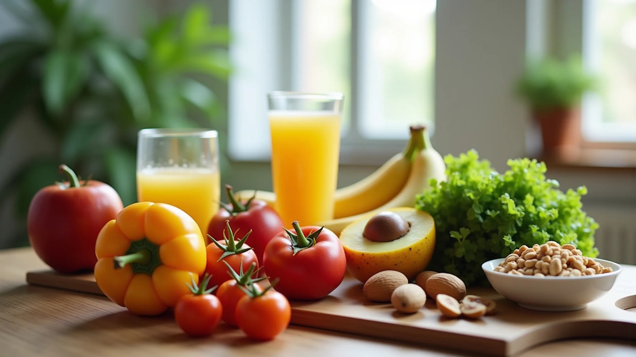 Natureza morta de comida brasileira saudável: frutas, legumes, nozes e um copo de água.