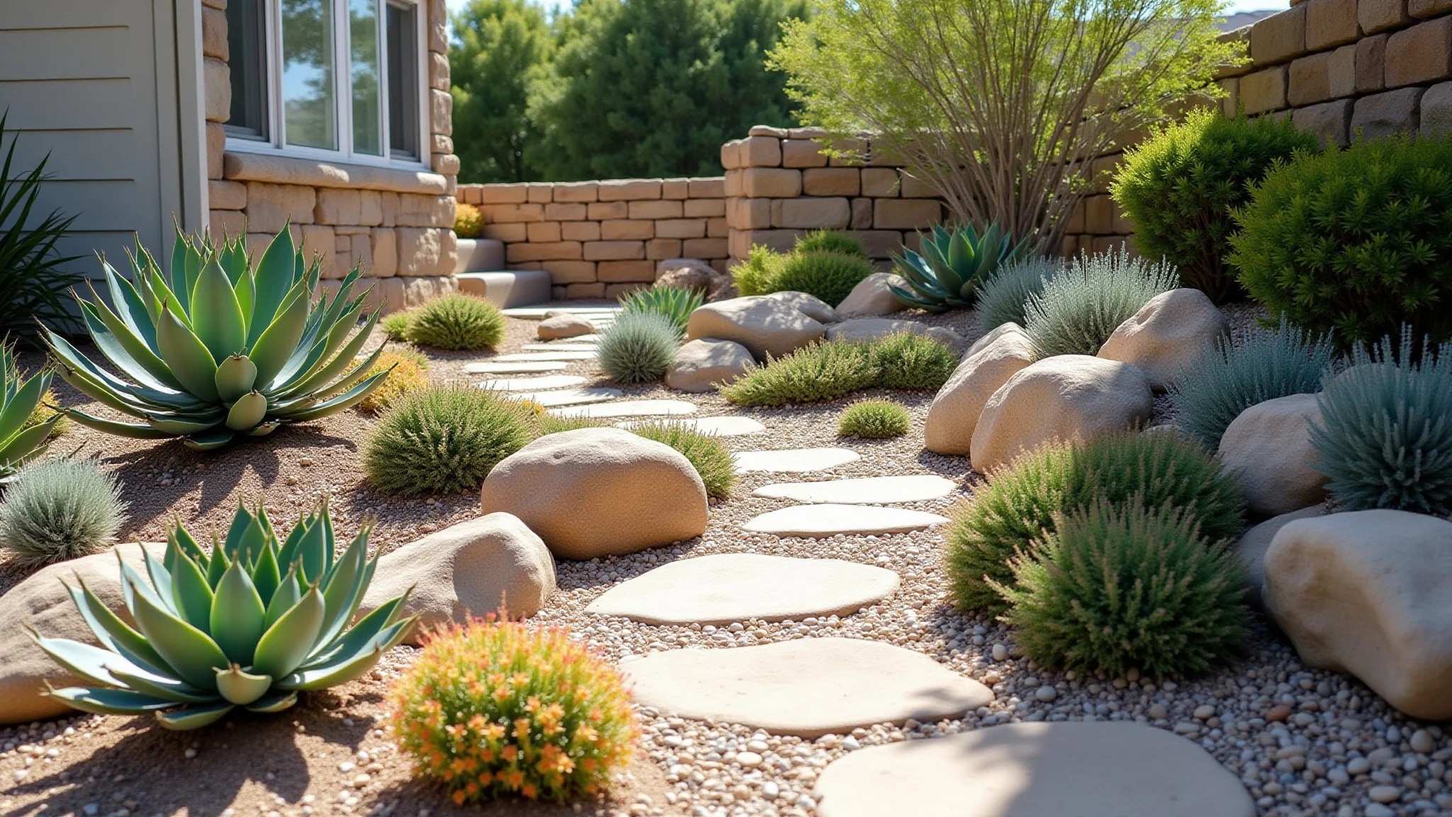 Jardim de pedras com agave e gazânia.