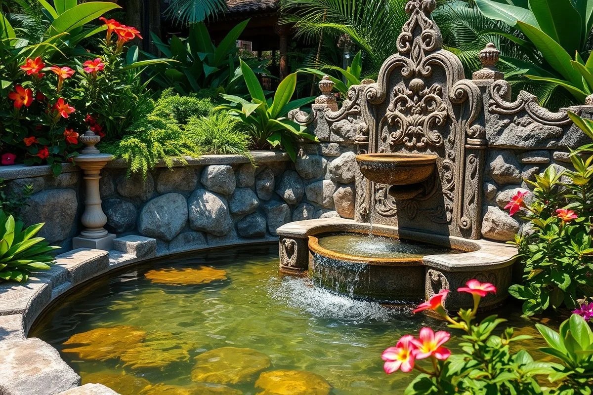 Fonte de parede de pedra com água corrente em jardim tropical brasileiro.