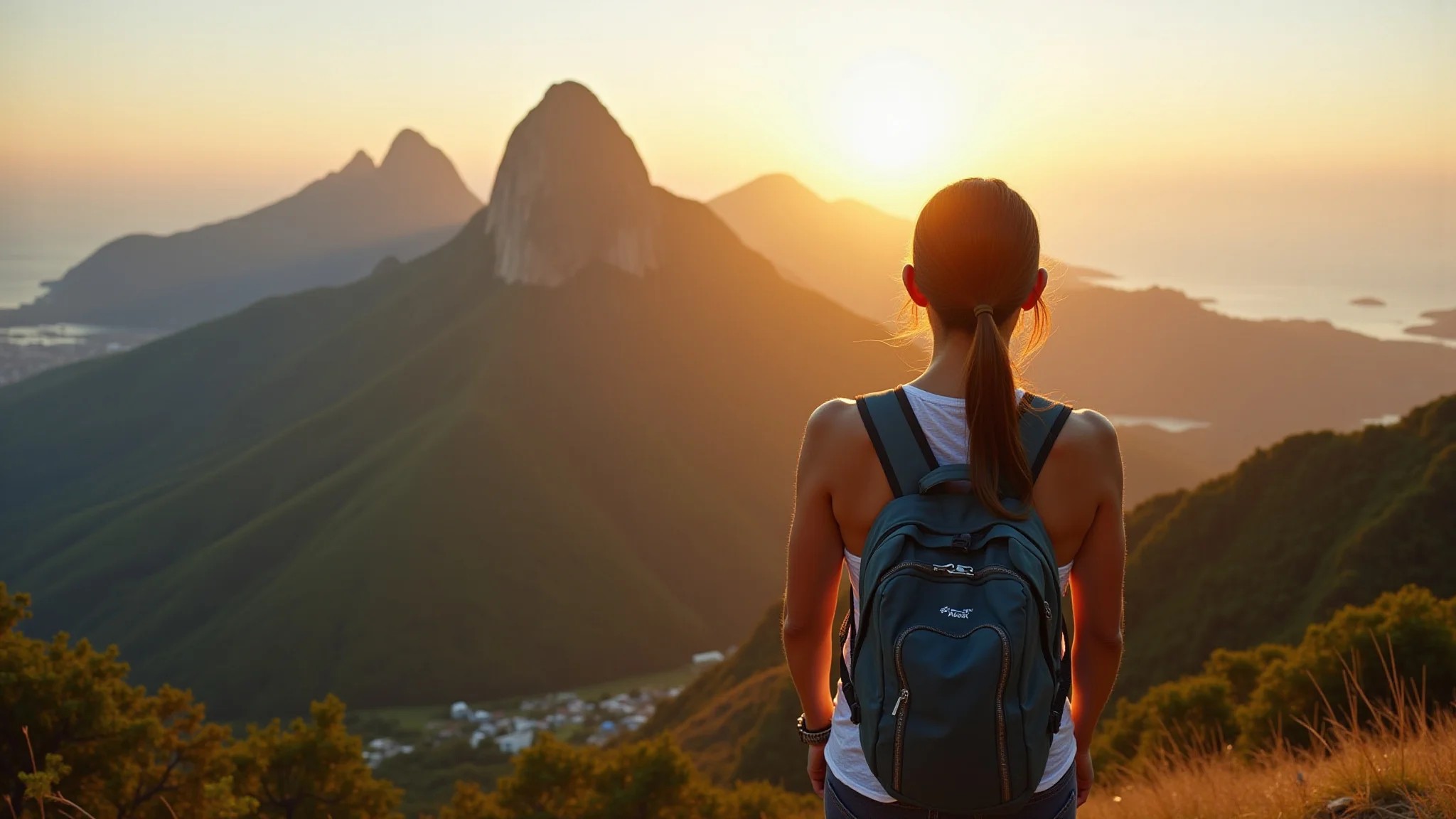 Mulher forte admirando a vista da Serra dos Órgãos, Rio de Janeiro. Paisagem deslumbrante e luz dourada.