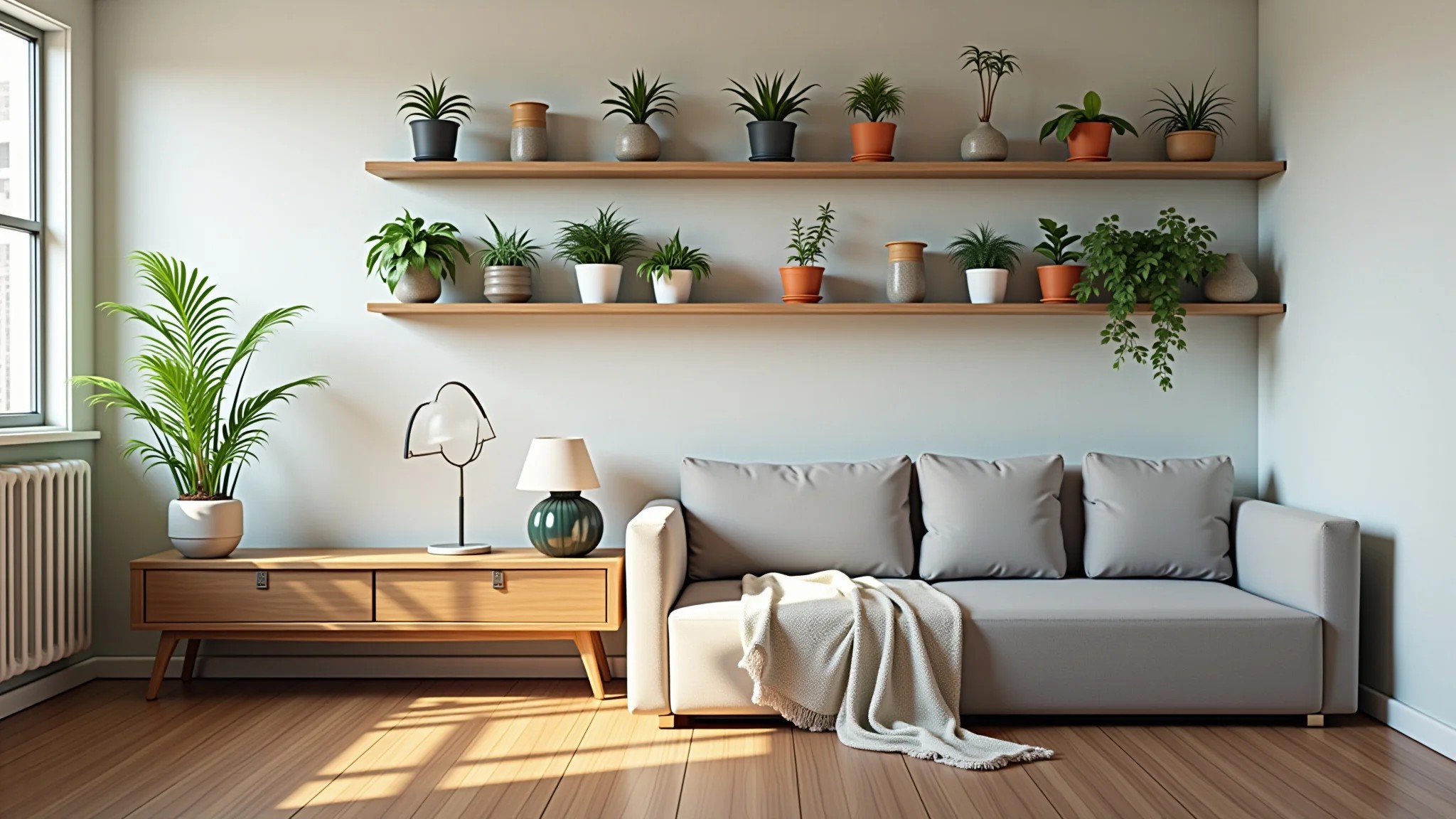 Studio com móveis multifuncionais, sofá-cama, prateleiras com plantas e iluminação brilhante.