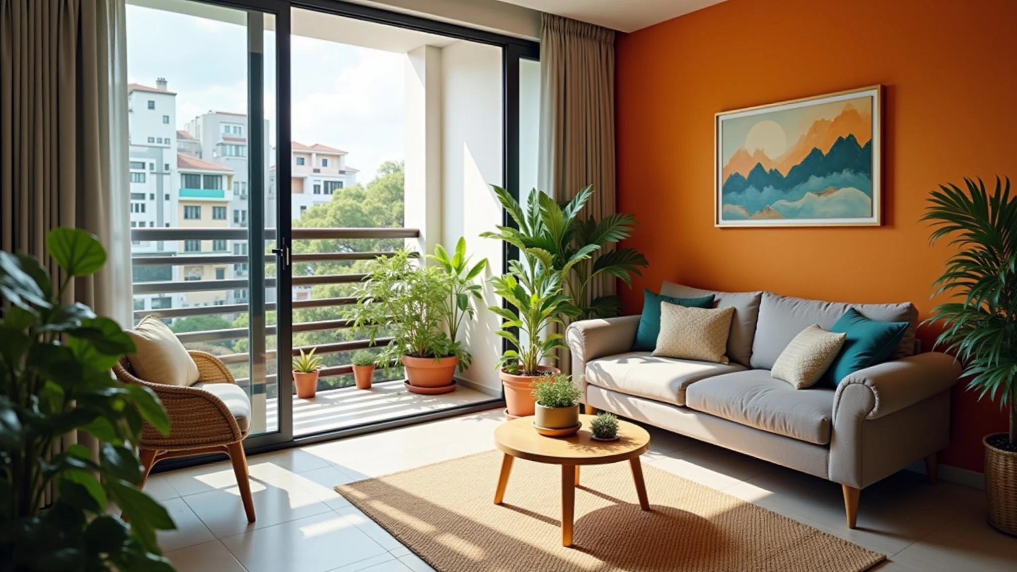 Studio com varanda, plantas, cores vibrantes e design brasileiro.