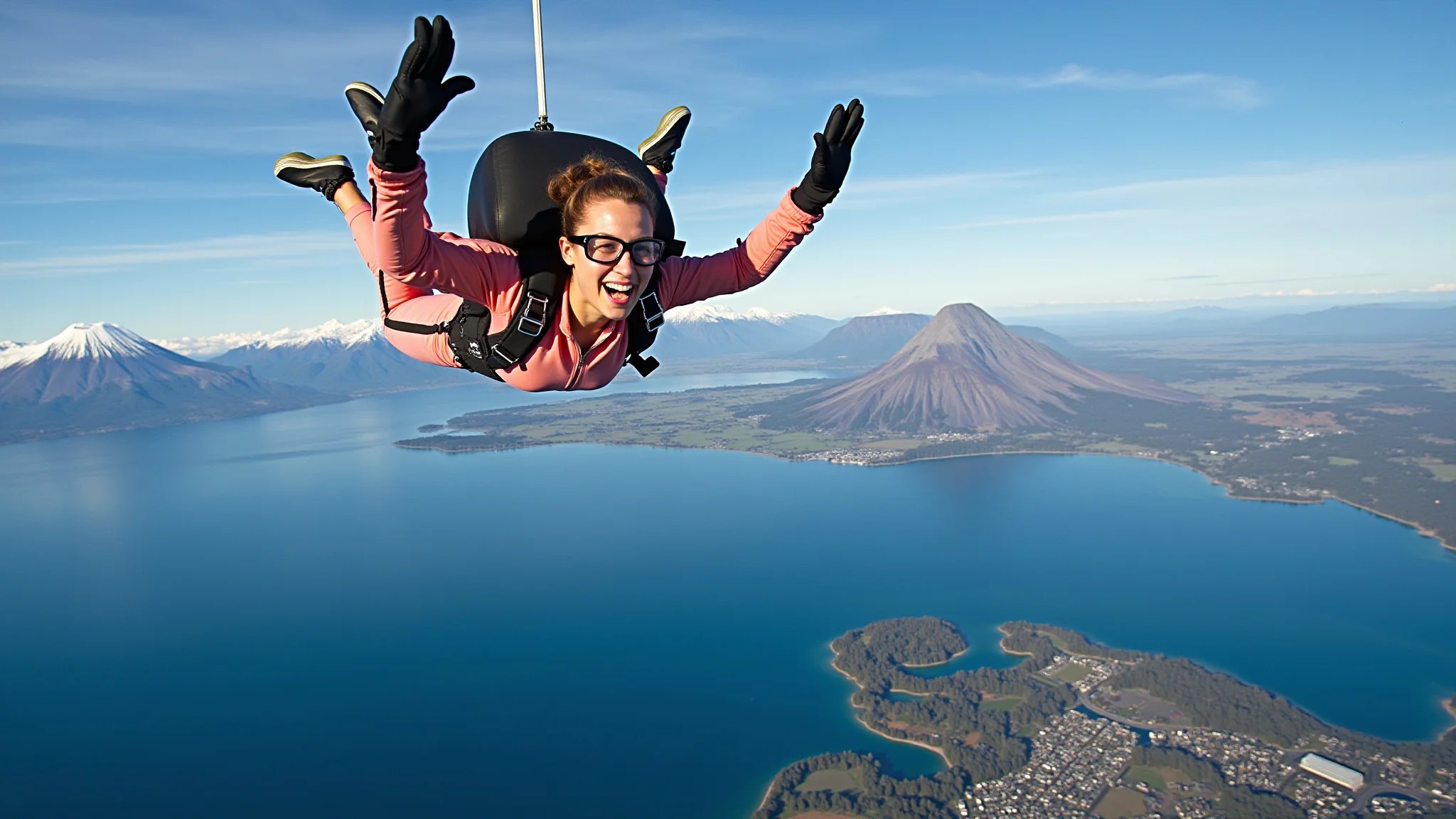 Mulher saltando de paraquedas sobre o Lago Taupo, Nova Zelândia, com vulcões ao fundo.