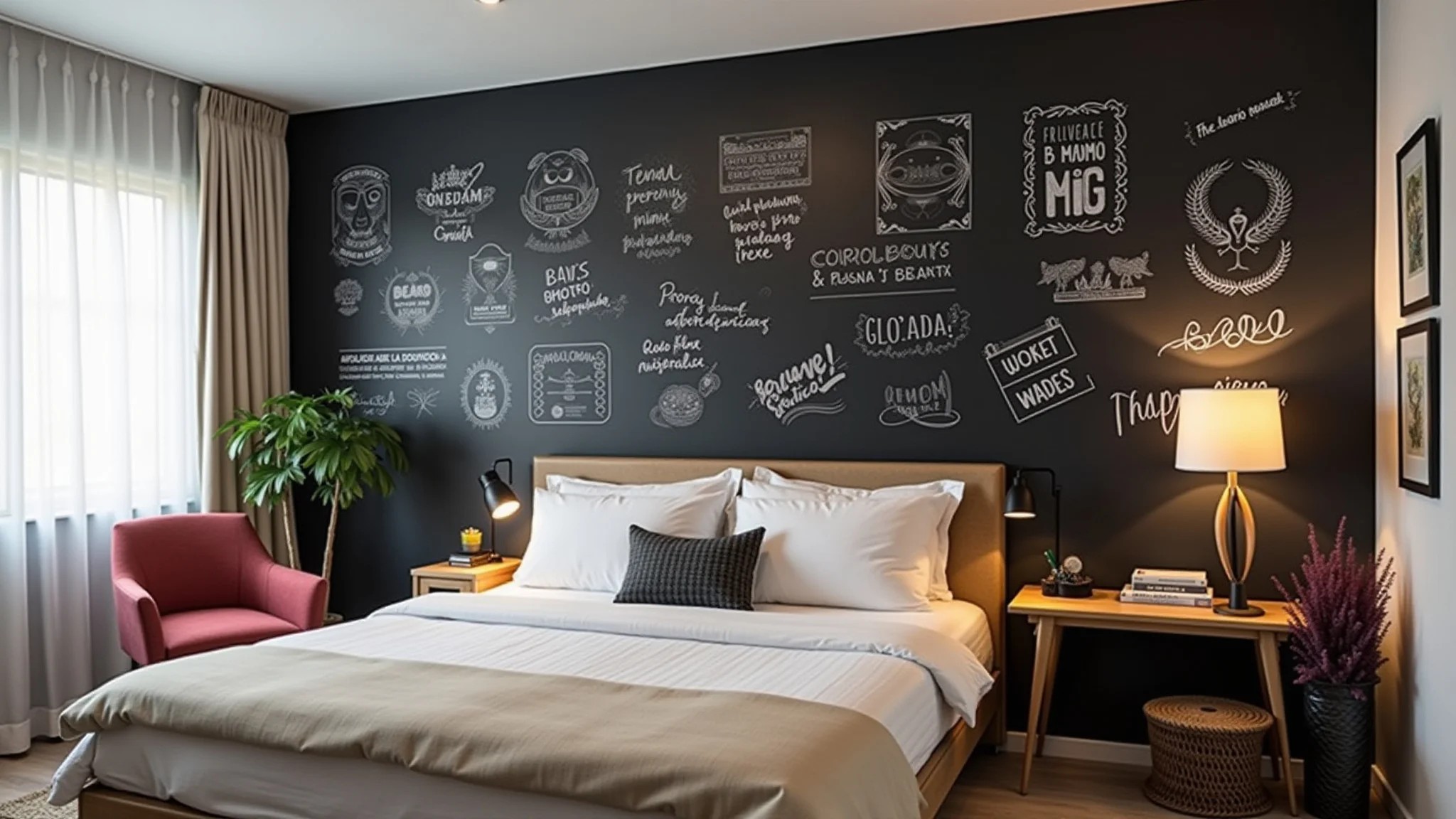 Quarto decorado com parede de lousa, desenhos e frases.