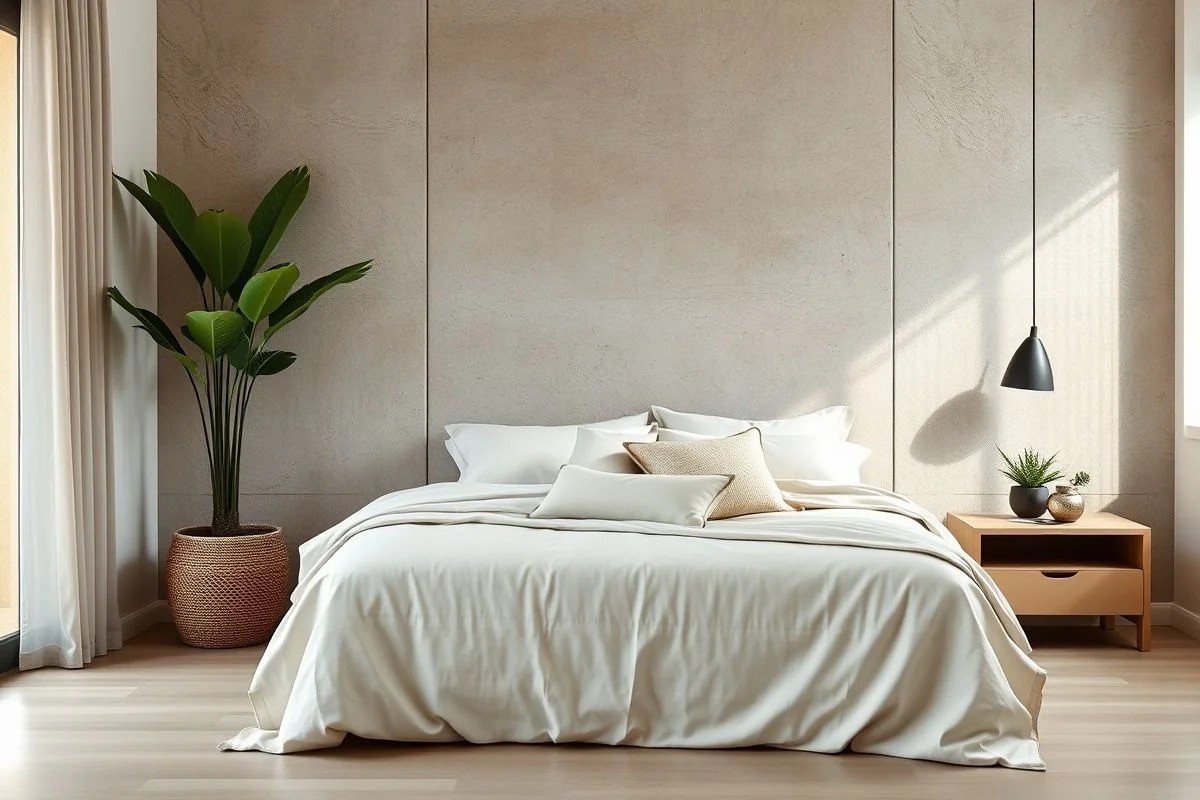 Quarto moderno com parede de cimento queimado e decoração minimalista, estilo brasileiro.