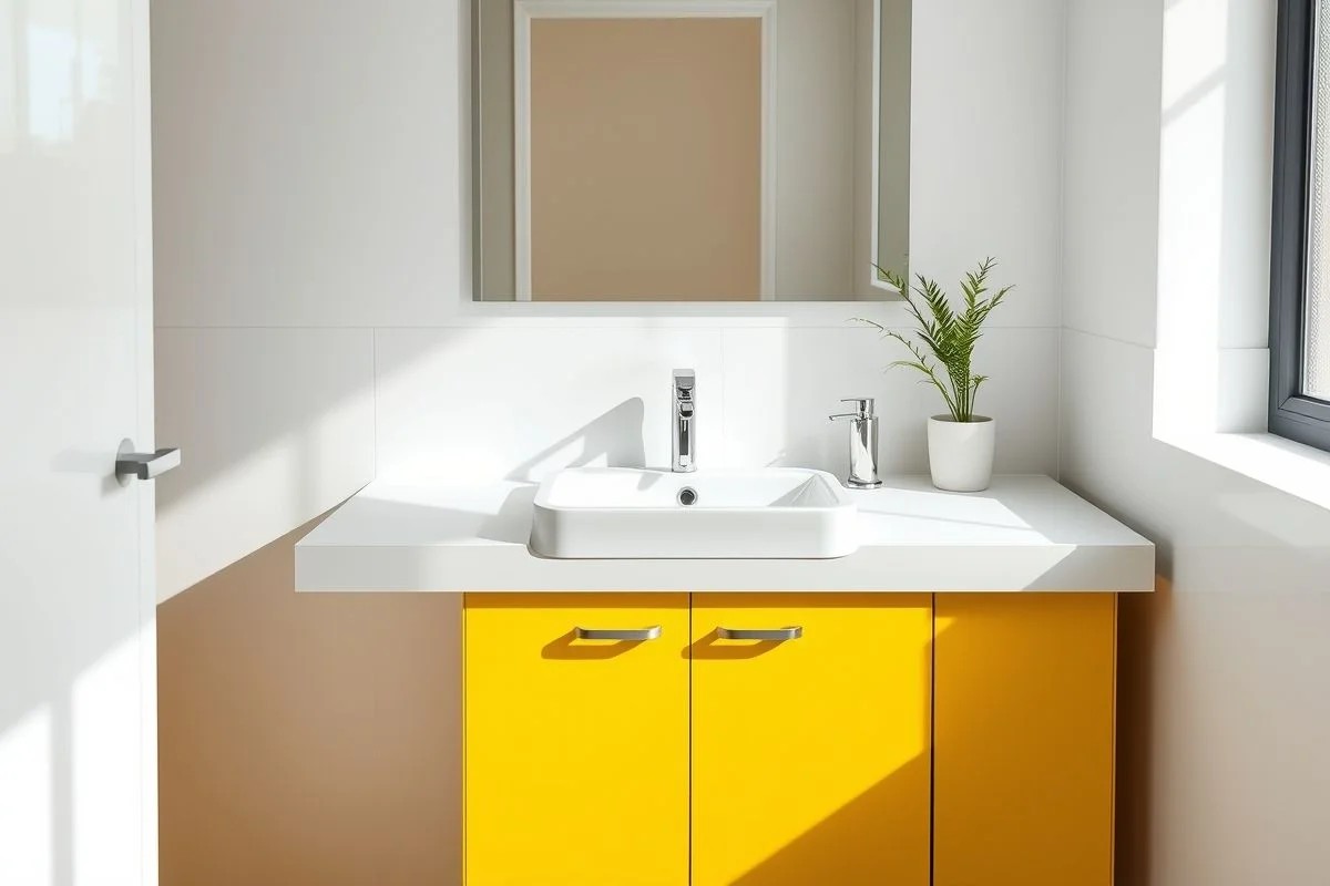 Banheiro com armário amarelo sob a pia, estilo brasileiro moderno.