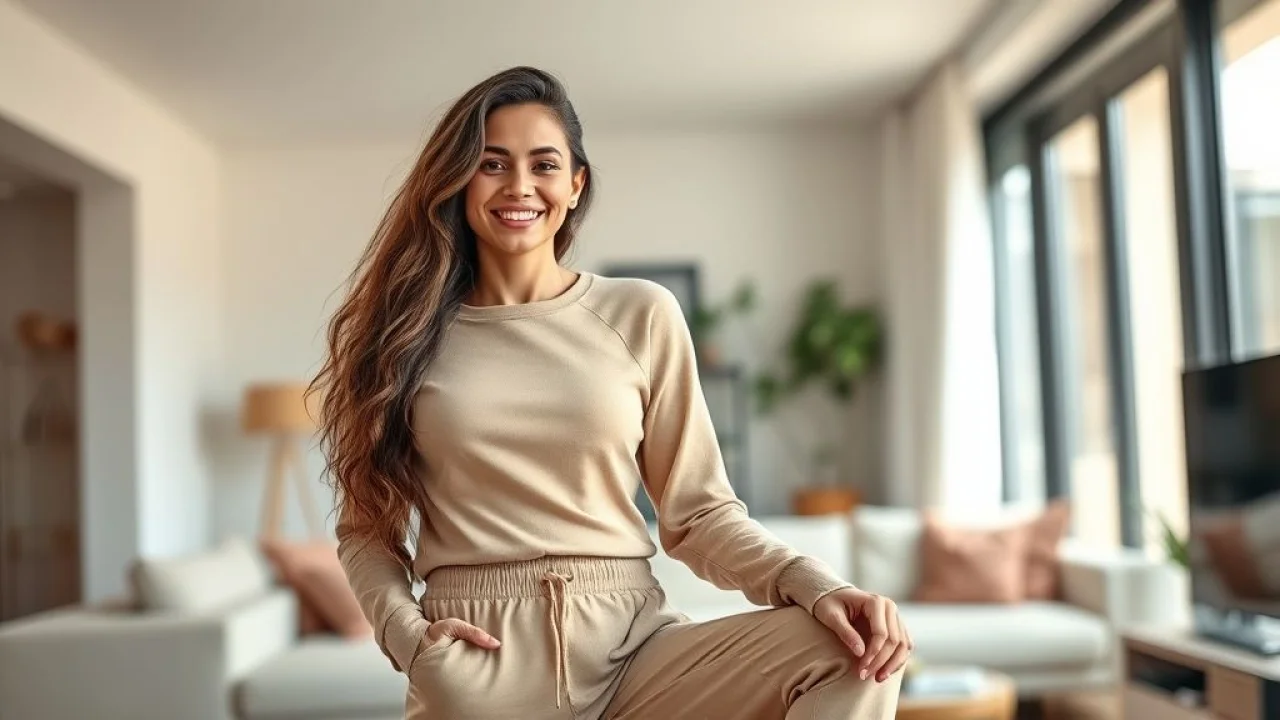 Mulher brasileira estilosa com conjunto jogger bege em apartamento moderno.