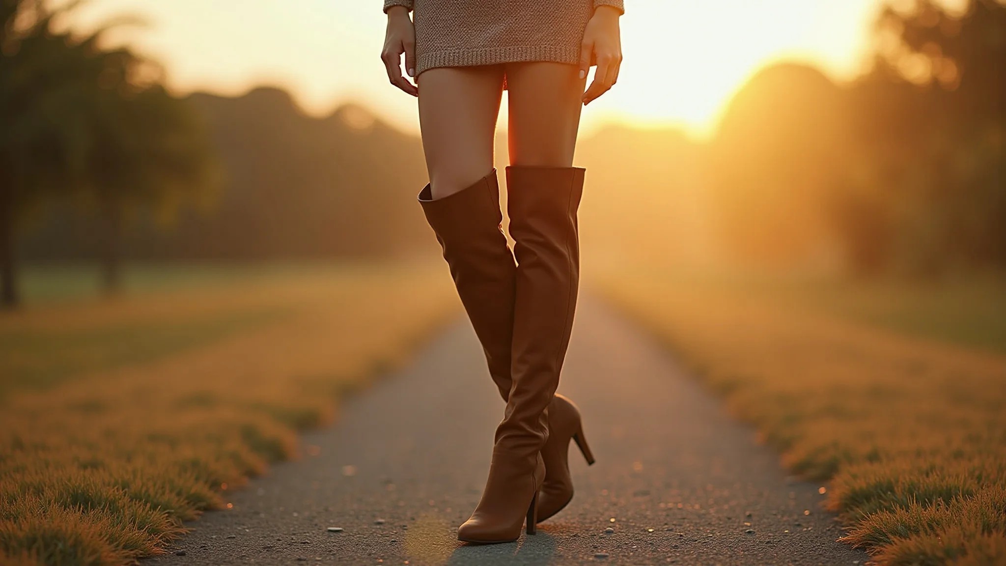 Mulher brasileira estilosa com bota over the knee e vestido curto de tricô.