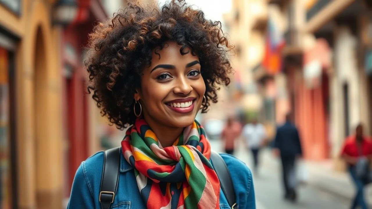 Mulher brasileira sorrindo com lenço de seda colorido amarrado no pescoço, estilo casual e elegante.