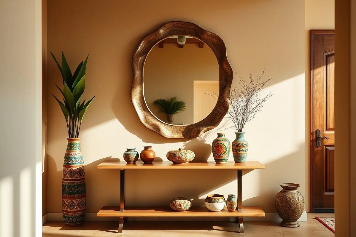 Hall de entrada estiloso com espelho orgânico e mesa de madeira. Decoração brasileira.