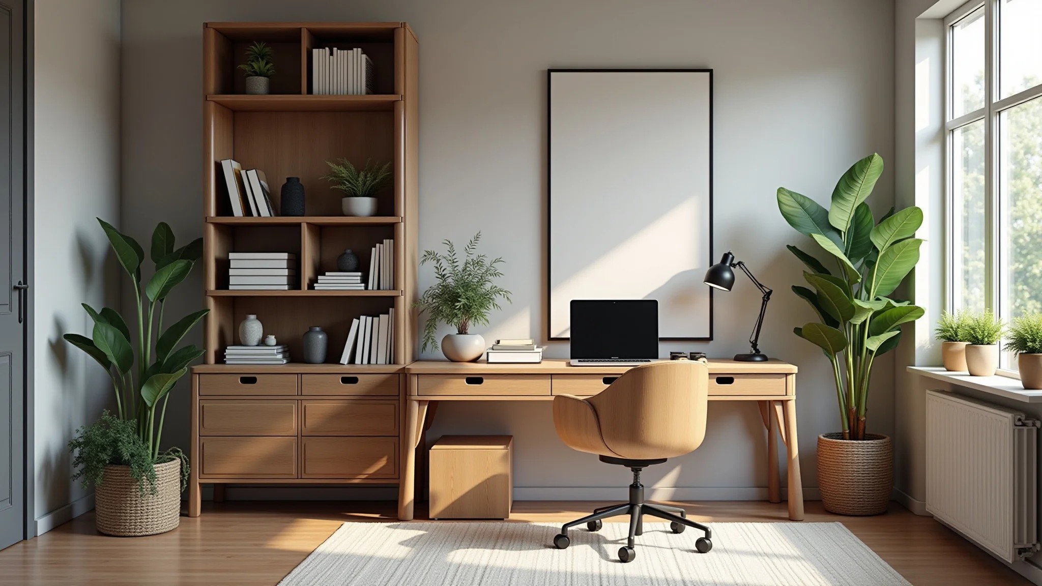 Escritório estiloso com boiserie e decoração minimalista.