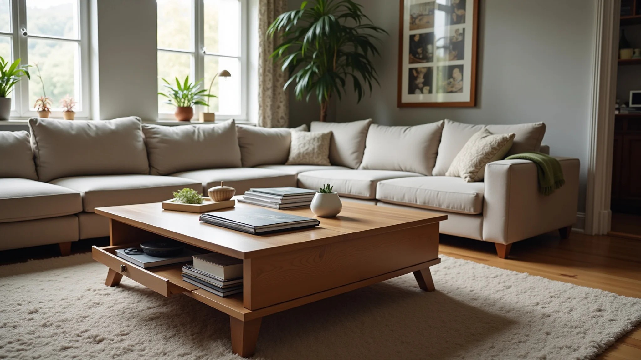 Sala elegante com mesa de centro bonita, mas sem espaço de armazenamento e com superfície desorganizada.