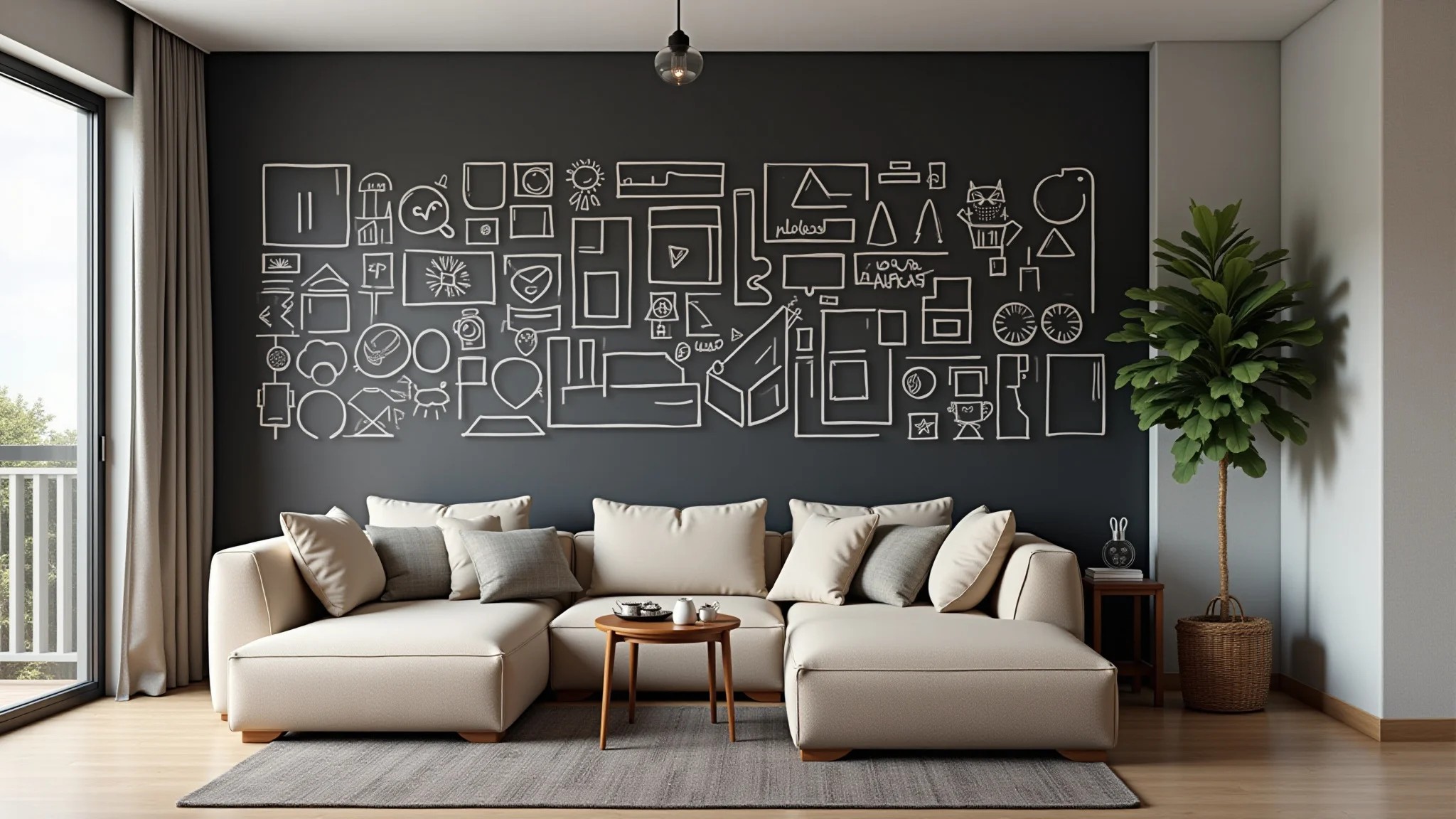 Sala estilosa com parede lousa usada como mural de fotos com molduras desenhadas.