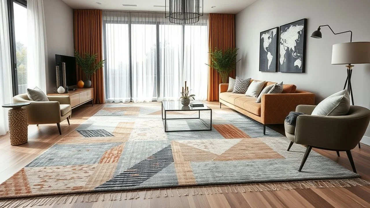 Sala elegante com tapete grande sob os móveis. Design de interiores brasileiro com tapete São Carlos.