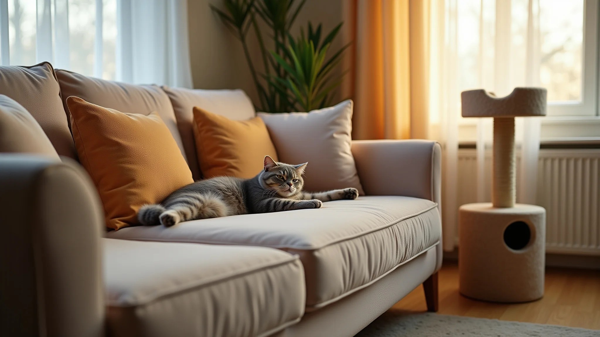 Sala estilosa com sofá de braços largos e gato se espreguiçando.