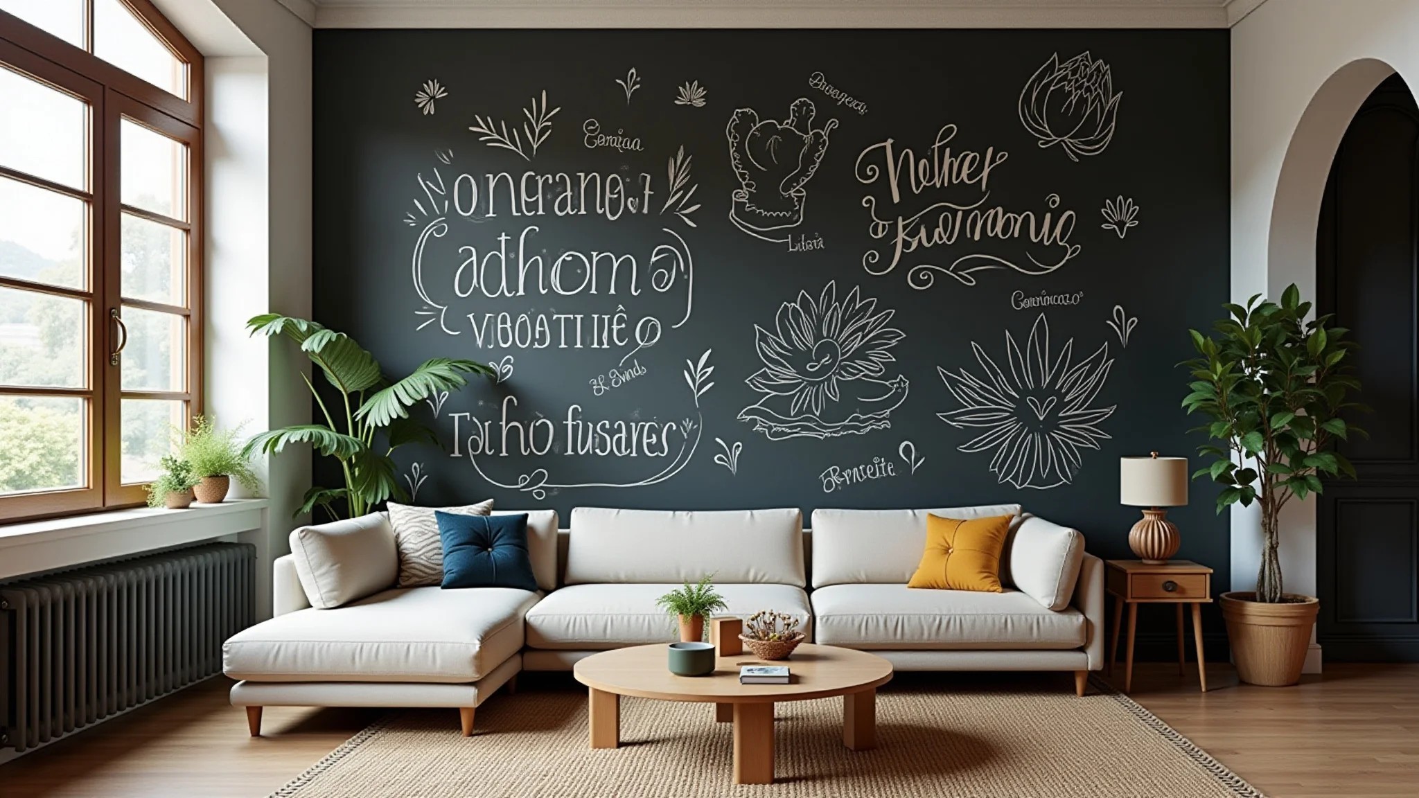 Sala estilosa com parede lousa e letras artísticas.