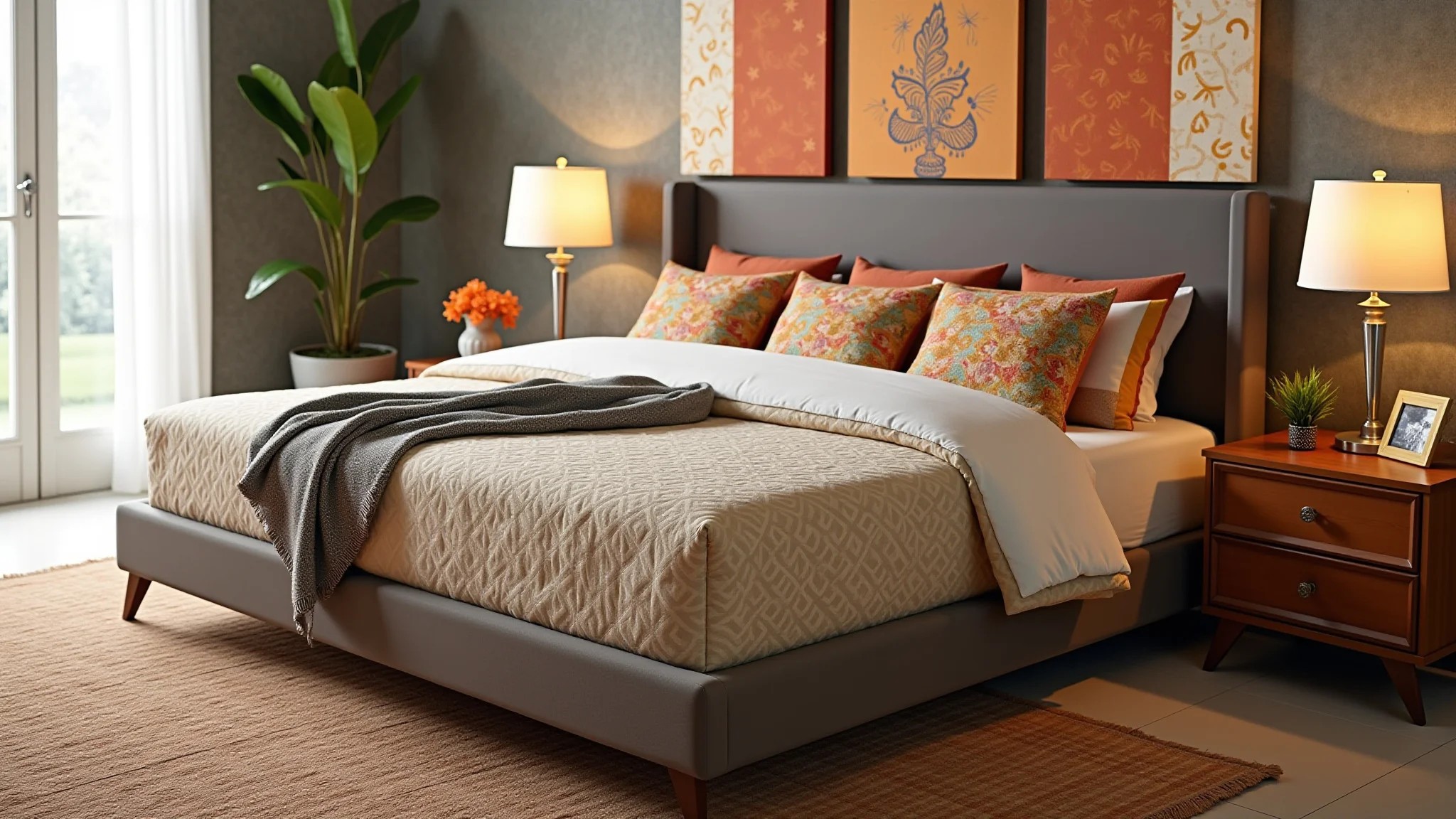 Biombo como cabeceira de sofá-cama em sala de estar estilosa com almofadas coloridas.