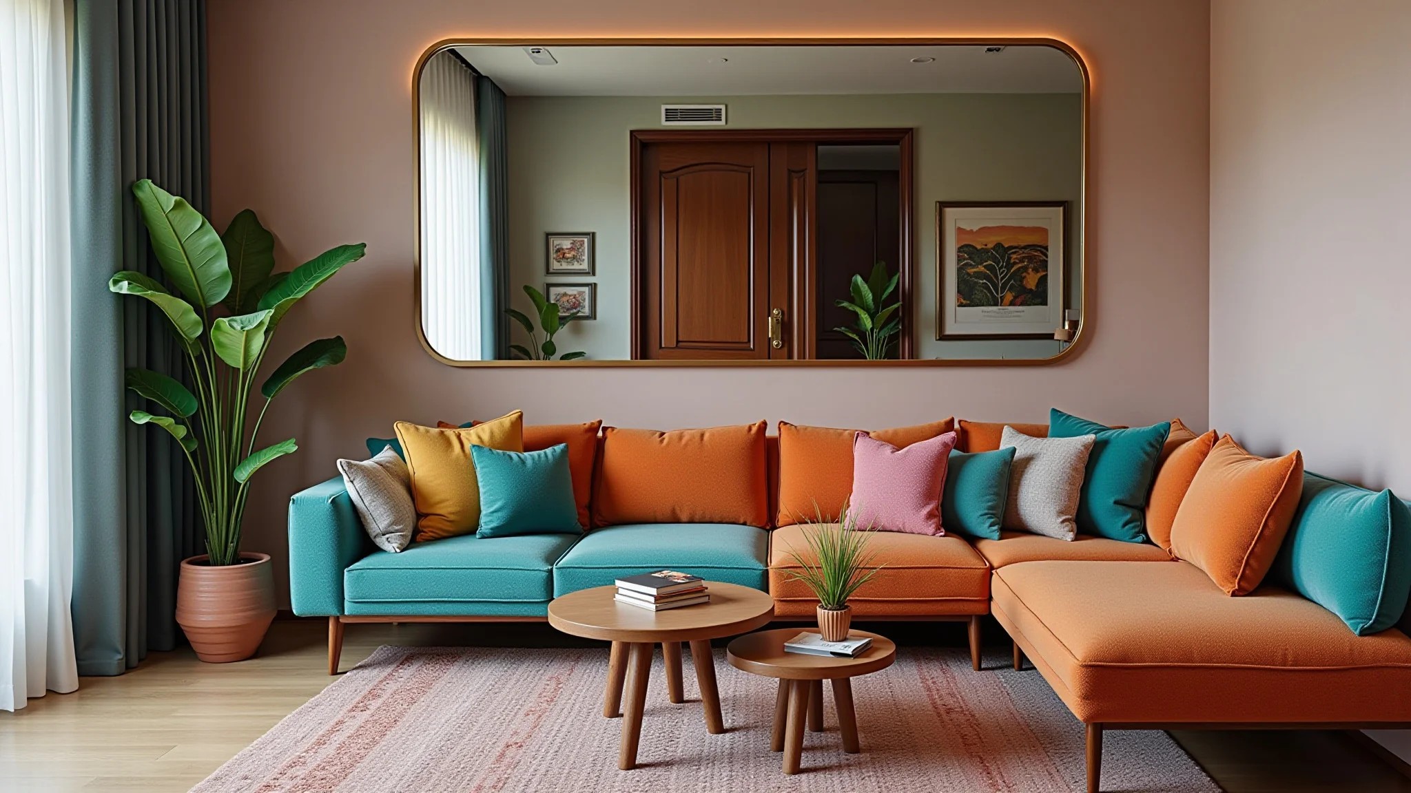 Sala com espelho de parede inteira refletindo sofá colorido e decoração brasileira.