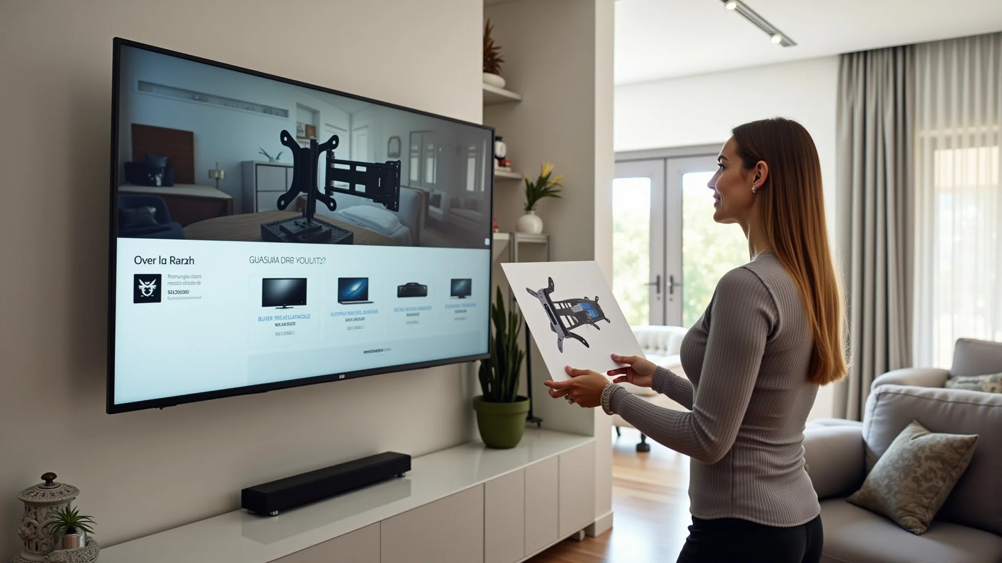 Mulher escolhendo suporte para TV, diversas opções, iluminação brilhante.