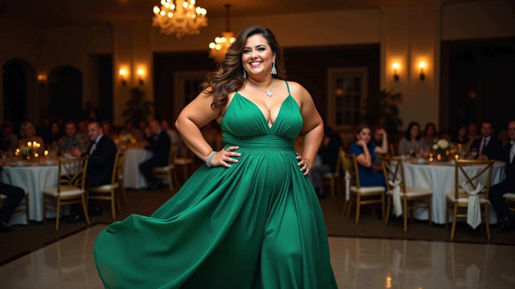 Mulher plus-size elegante em vestido verde esmeralda em casamento noturno.