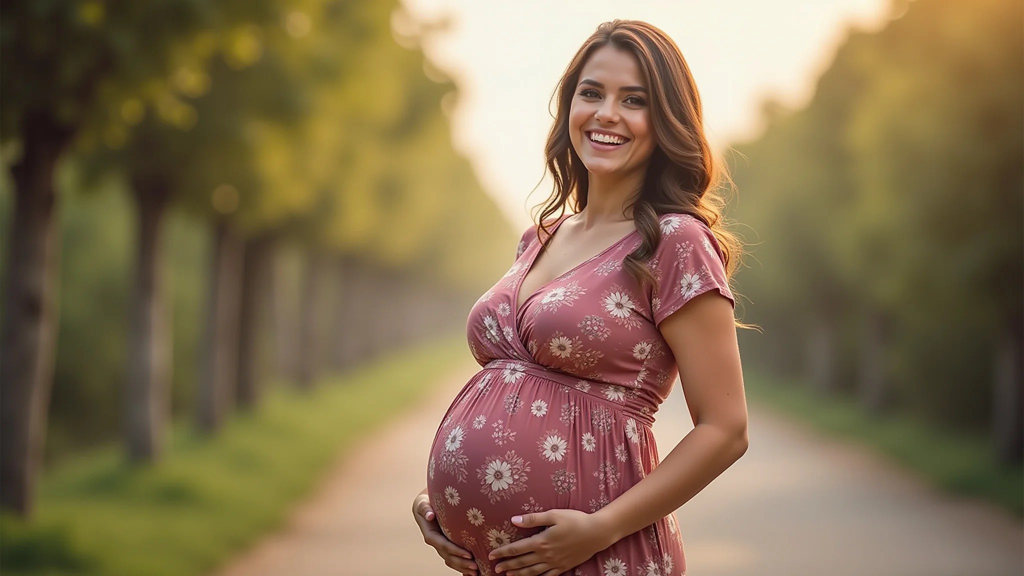 Gestante estilosa em vestido marsala, estampa floral delicada, luz natural suave, sorriso confiante.