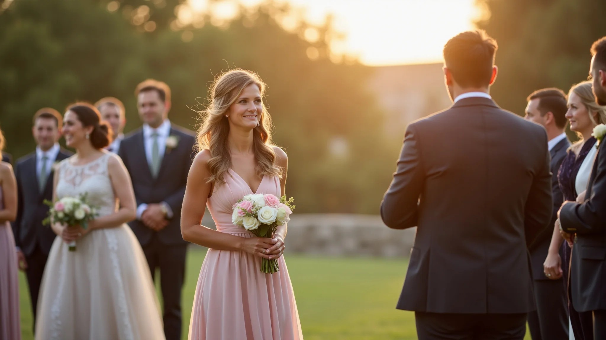 Convidada elegante em vestido midi, tons pastel, cerimônia civil diurna.