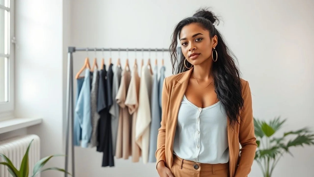 Mulher elegante com armário cápsula minimalista em apartamento brasileiro.