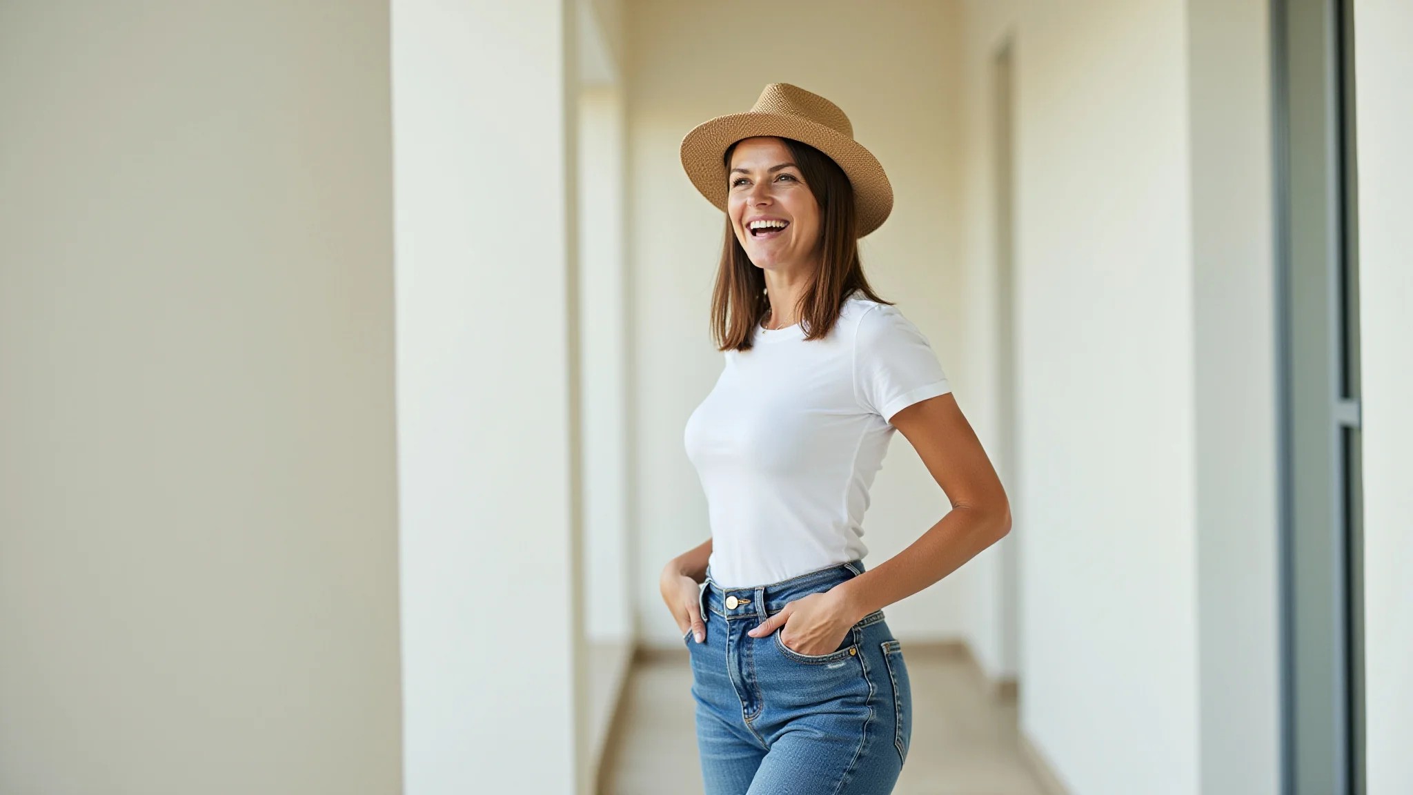 Mulher estilosa com chapéu fedora, jeans e camiseta branca, sorrindo com confiança.