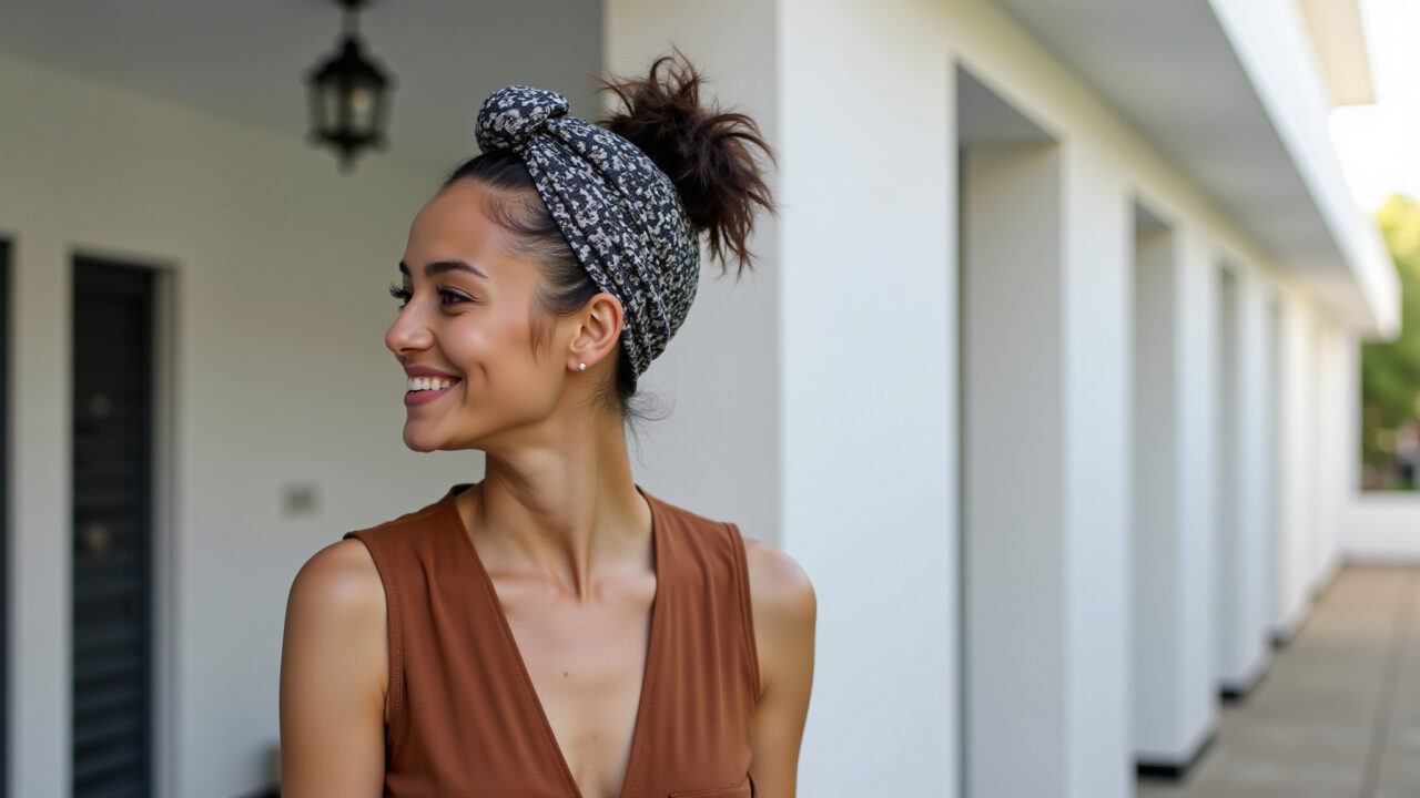 Penteado com lenço amarrado para o dia a dia.