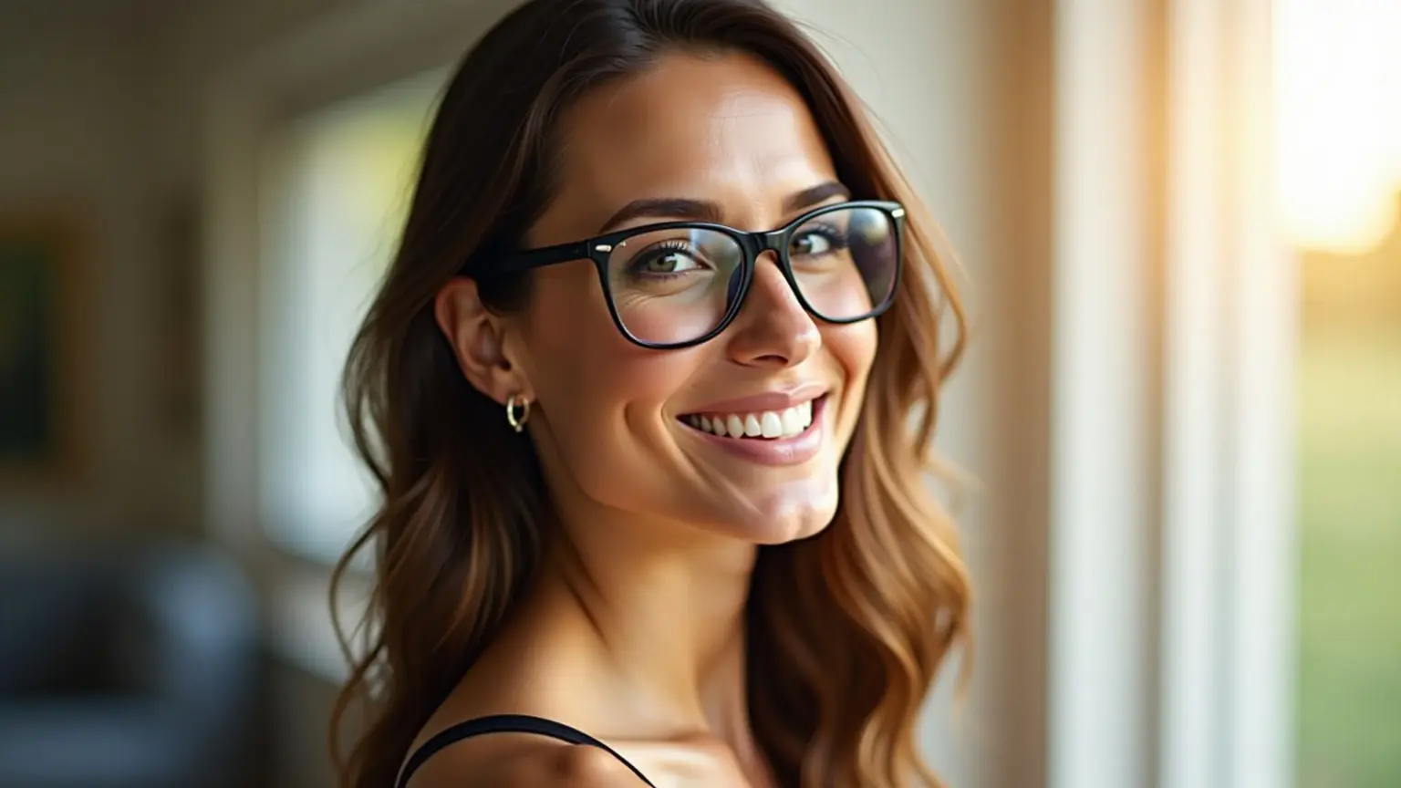 Mulher estilosa usando óculos de grau, sorrindo com confiança, luz natural suave.